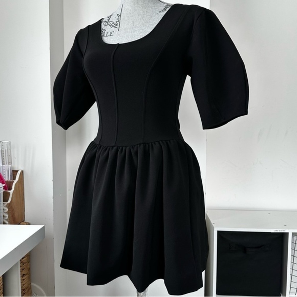 Zara Black Corset Fit & Flare Dress Puff Sleeve Size M
